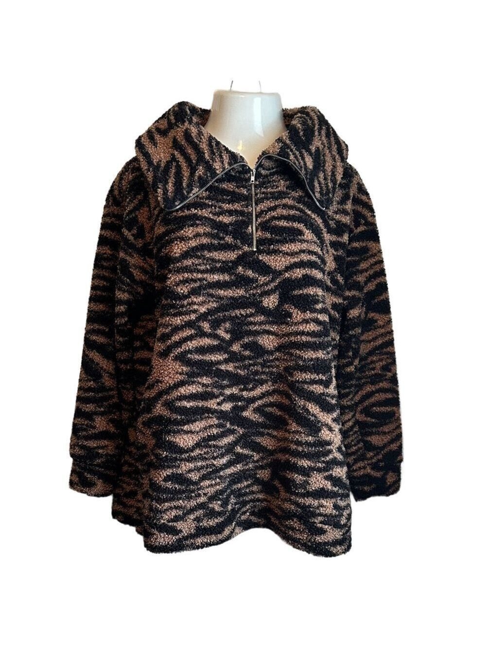 Cuddl Duds Curly Sherpa 1/2 Zip Pullover-Taupe Zebra- Medium